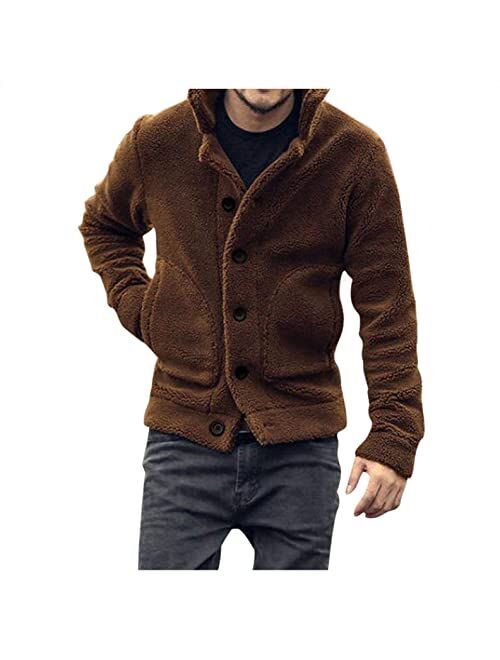 KEEYO Mens Sherpa Fleece Jacket Fashion Button Up Thick Quilted Lined Windproof Fuzzy Winter Teddy Coat Outwear with Pockets