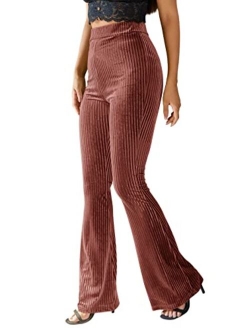 Women's Velvet Elastic Waist Flare Leg Palazzo Long Pants Trousers