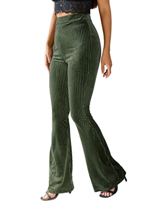 Floerns Women's Velvet Elastic Waist Flare Leg Palazzo Long Pants Trousers