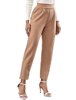 Women's Solid High Waist Tapered Ankle Stretch Work Pants