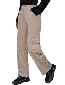 Women's High Waist Flap Pocket Zipper Corduroy Cargo Pants