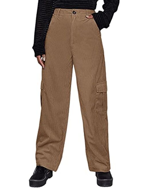 Floerns Women's High Waist Flap Pocket Zipper Corduroy Cargo Pants