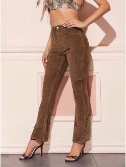 Women's Elegant High Waist Flare Leg Zipper Fly Corduroy Trouser Pants