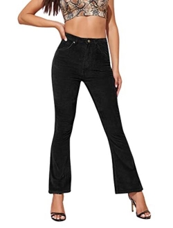 Women's Elegant High Waist Flare Leg Zipper Fly Corduroy Trouser Pants