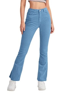 Women's Elegant High Waist Flare Leg Zipper Fly Corduroy Trouser Pants