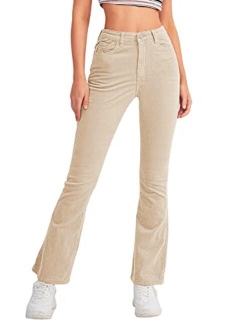 Women's Elegant High Waist Flare Leg Zipper Fly Corduroy Trouser Pants