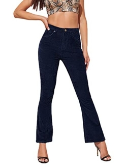 Women's Elegant High Waist Flare Leg Zipper Fly Corduroy Trouser Pants