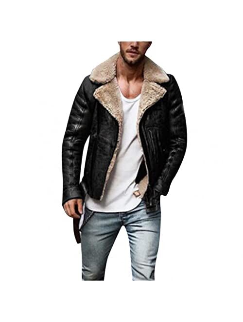 KEEYO Men's Sherpa Fleece Lined Faux Leather Motorcycle Jacket Fashion Full Zip Lapel Streetwear Retro Thermal Winter Coats