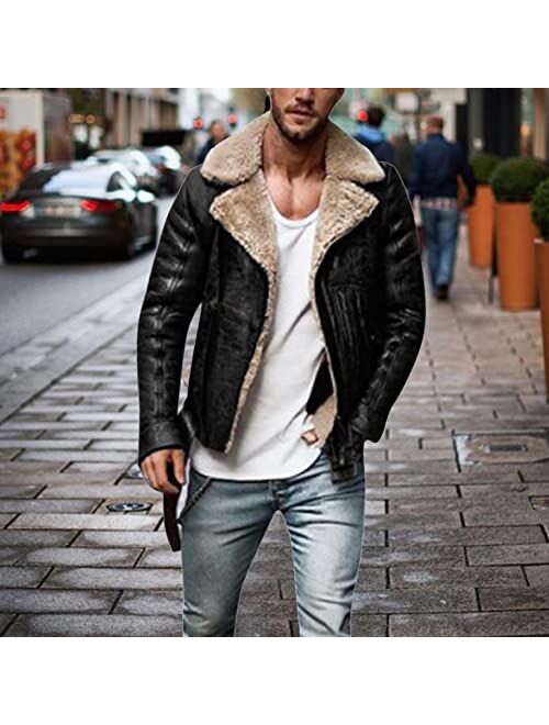 KEEYO Men's Sherpa Fleece Lined Faux Leather Motorcycle Jacket Fashion Full Zip Lapel Streetwear Retro Thermal Winter Coats