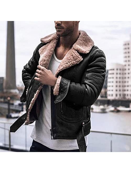 KEEYO Men's Sherpa Fleece Lined Faux Leather Motorcycle Jacket Fashion Full Zip Lapel Streetwear Retro Thermal Winter Coats