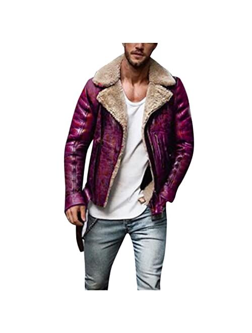 KEEYO Men's Sherpa Fleece Lined Faux Leather Motorcycle Jacket Fashion Full Zip Lapel Streetwear Retro Thermal Winter Coats