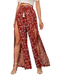 Women's Ditsy Floral Tie Front Wide Leg Wrap Long Pants