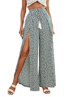 Women's Ditsy Floral Tie Front Wide Leg Wrap Long Pants