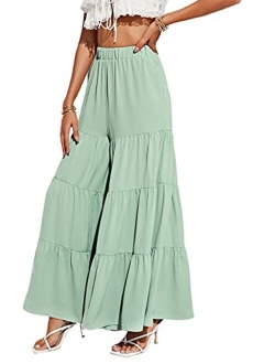 Women's Boho Elastic High Waisted Ruffle Hem Wide Leg Palazzo Pants