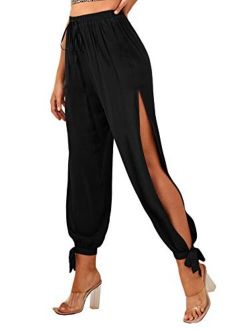 Women's Solid High Waist Split Knot Hem Long Pants