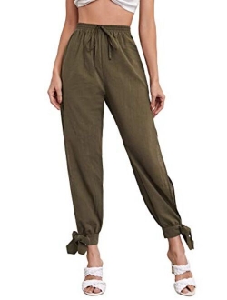 Women's Solid High Waist Split Knot Hem Long Pants