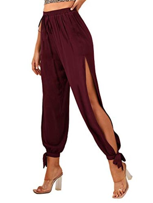 Floerns Women's Solid High Waist Split Knot Hem Long Pants