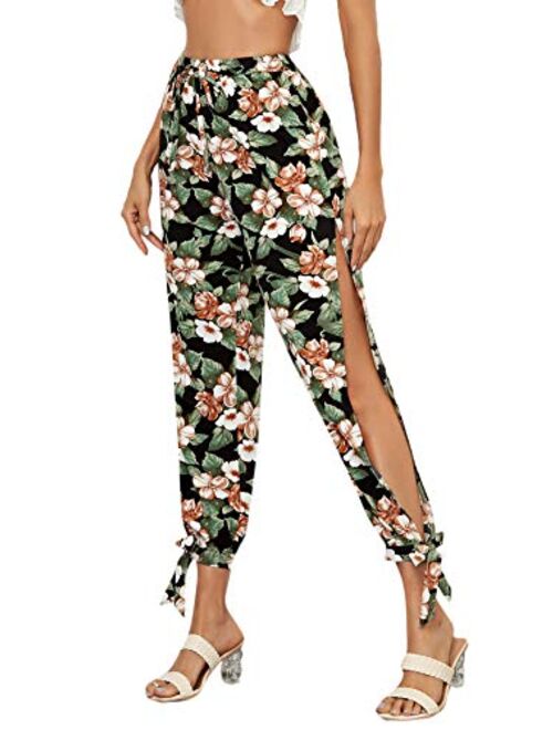 Floerns Women's Solid High Waist Split Knot Hem Long Pants