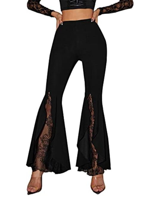 Floerns Women's Casual High Waisted Bell Bottom Lace Flare Leg Pants