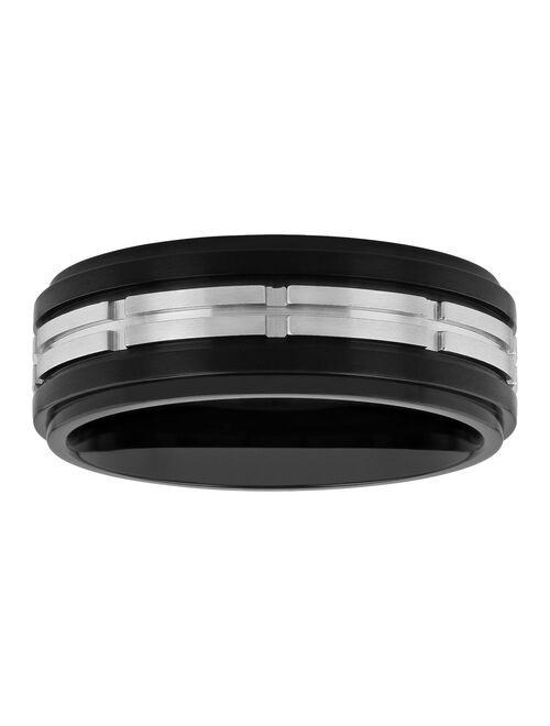 Men's Black & Gray Stainless Steel Treaded Wedding Band