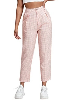 Women's Plaid Print High Waisted Cropped Straight Leg Pants with Pocket