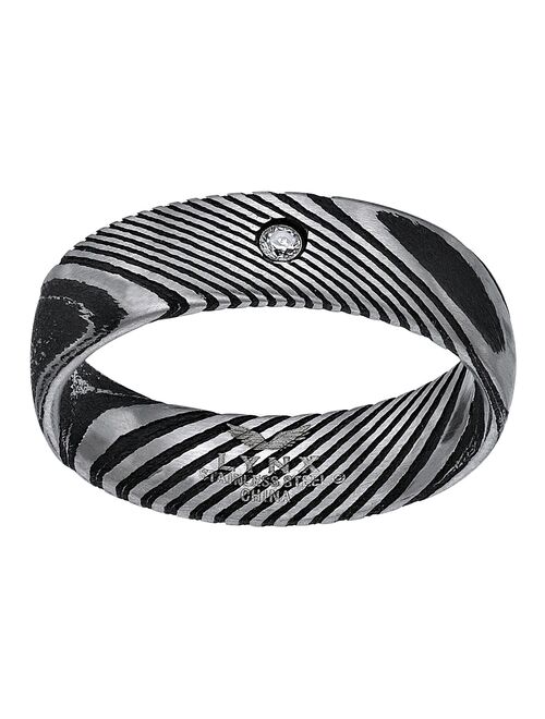 LYNX Men's Damascus Steel Black Ion-Plated Cubic Zirconia Ring