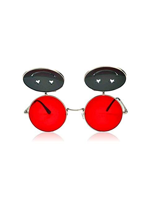 RaveGear EDM Festival Party Hipster Retro Stylish Vintage Smiley Flip Up Circular Sunglasses