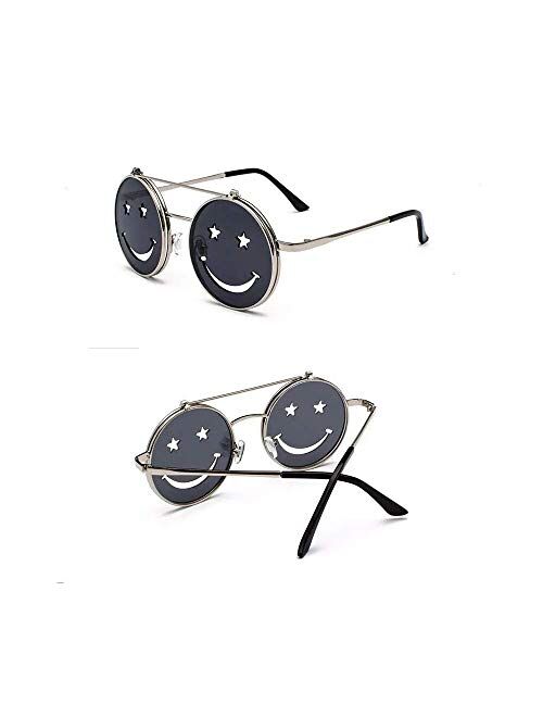 RaveGear EDM Festival Party Hipster Retro Stylish Vintage Smiley Flip Up Circular Sunglasses