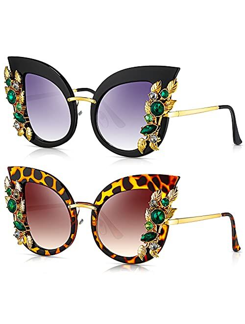 Frienda 2 Pairs Jeweled Sunglasses Oversized Cat Eye Butterfly Shaped Crystal Diamond Jeweled Sun Glasses for Women and Girls