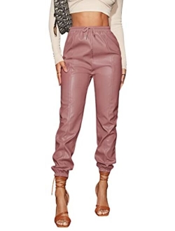 Women's Drawstring High Waisted Cropped Tapered Pu Leather Pants