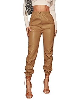 Women's Drawstring High Waisted Cropped Tapered Pu Leather Pants