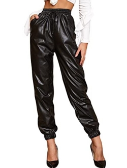 Women's Drawstring High Waisted Cropped Tapered Pu Leather Pants