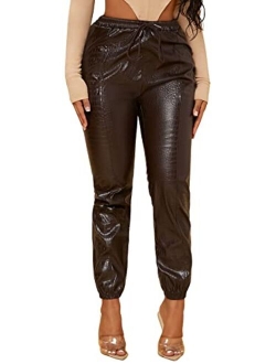 Women's Drawstring High Waisted Cropped Tapered Pu Leather Pants