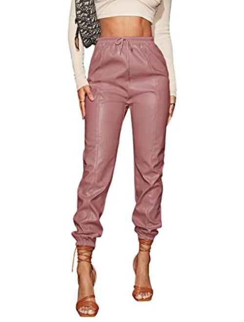 Floerns Women's Drawstring High Waisted Cropped Tapered Pu Leather Pants