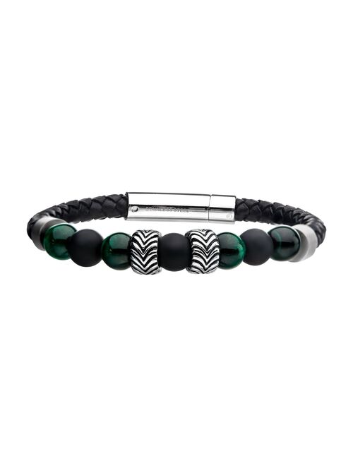 Men's Stainless Steel Blue Malachite & Tiger's Eye Beaded Leather Bracelet