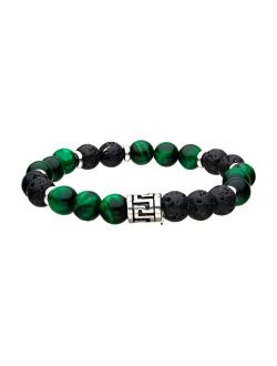 Men's Stainless Steel Lava Bead & Green Tiger's Eye Bead Bracelet