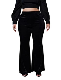 Women's Plus Size Velvet Flare Leg Pants Solid Bell Bottom Trousers