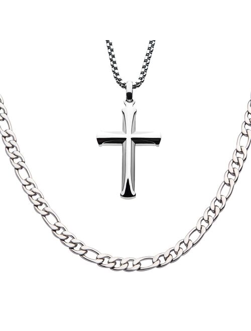 Stainless Steel Cross Pendant & Figaro Chain Necklace