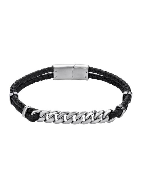 Men's LYNX Stainless Steel Link & Braided Black Leather Bracelet