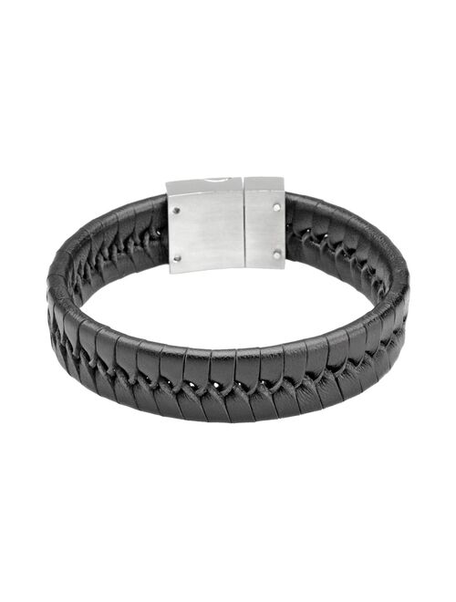 LYNX Stainless Steel & Black Leather Bracelet - Men