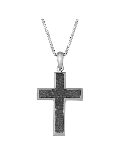 Men's LYNX Black Ion-Plated Stainless Steel Hammered Cross Pendant Necklace