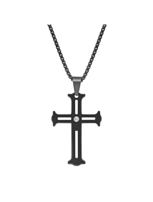 LYNX Men's Black Ion-Plated Tungsten Cross Pendant with Cubic Zirconia Accent