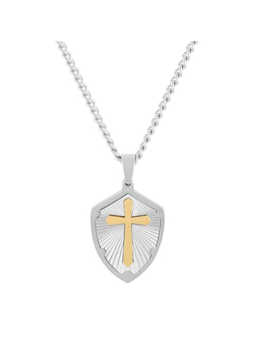 Steel Nation Men's Two Tone Cross & Shield Pendant Necklace