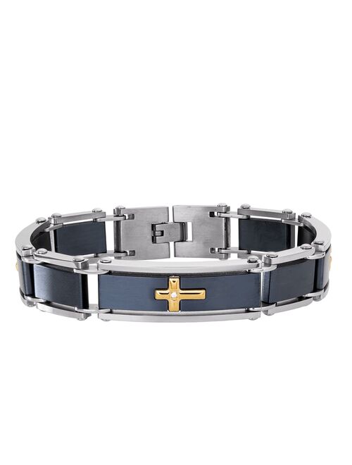 Men's Tri-Tone Stainless Steel Cubic Zirconia Cross Bracelet