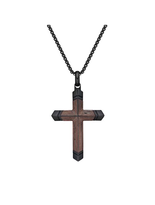 LYNX Stainless Steel Carbon Fiber & Copper Foil Cross Pendant Black Ion-Plated Men's Necklace