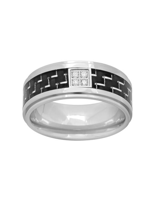 Diamond Accent Stainless Steel & Carbon Fiber Geometric Band - Men