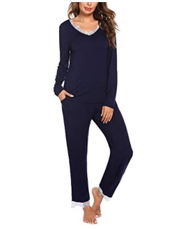 Women Pajama Set Lace Sleepwear V Neck Loungewear Long Sleeve Solid Pjs S-XXL