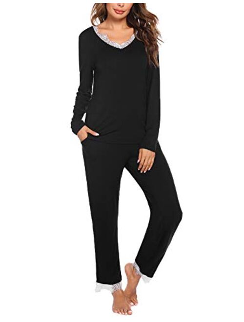 Hotouch Women Pajama Set Lace Sleepwear V Neck Loungewear Long Sleeve Solid Pjs S-XXL