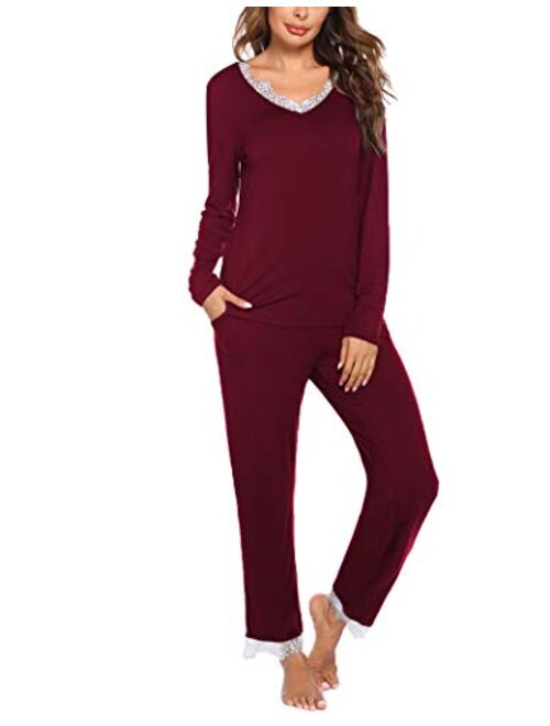 Hotouch Women Pajama Set Lace Sleepwear V Neck Loungewear Long Sleeve Solid Pjs S-XXL