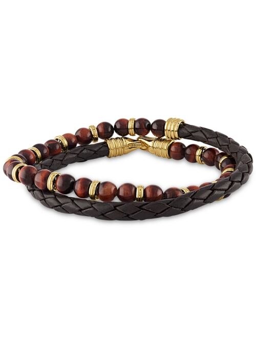 Esquire Men's Jewelry Double-Wrap Tiger's Eye Bracelet in 14k Gold Over Sterling Silver